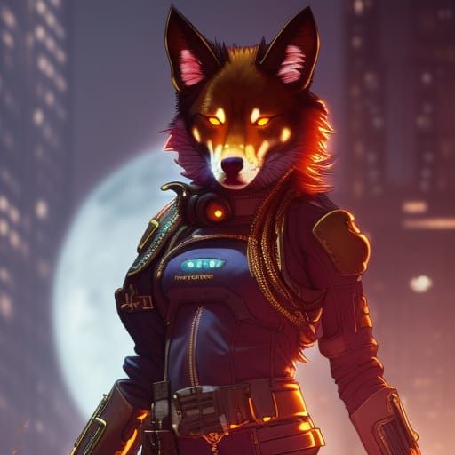 Cyberpunk Anthro Wolf with Golden Butterflies