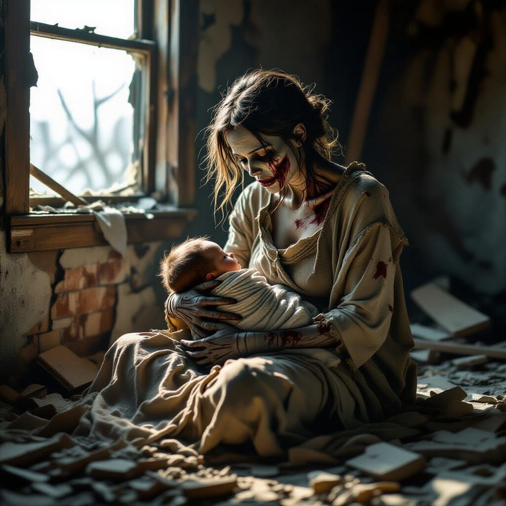 Melancholic Zombie Mother and Child in Ruins