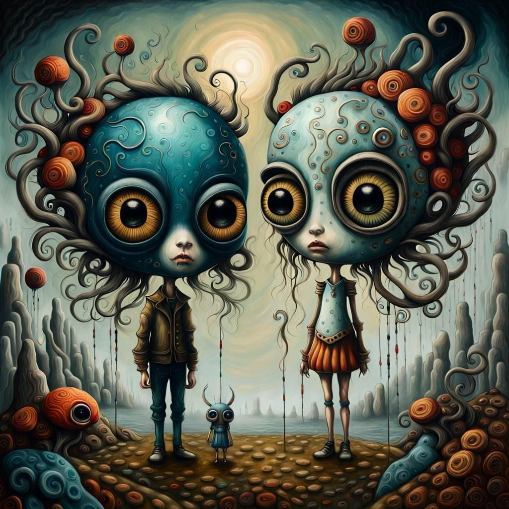 Pop Surrealist Painting of Two Figures with Big Eyes