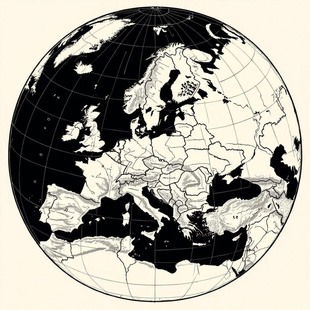 Monochrome Globe Map of Europe in Classic Cartography Style