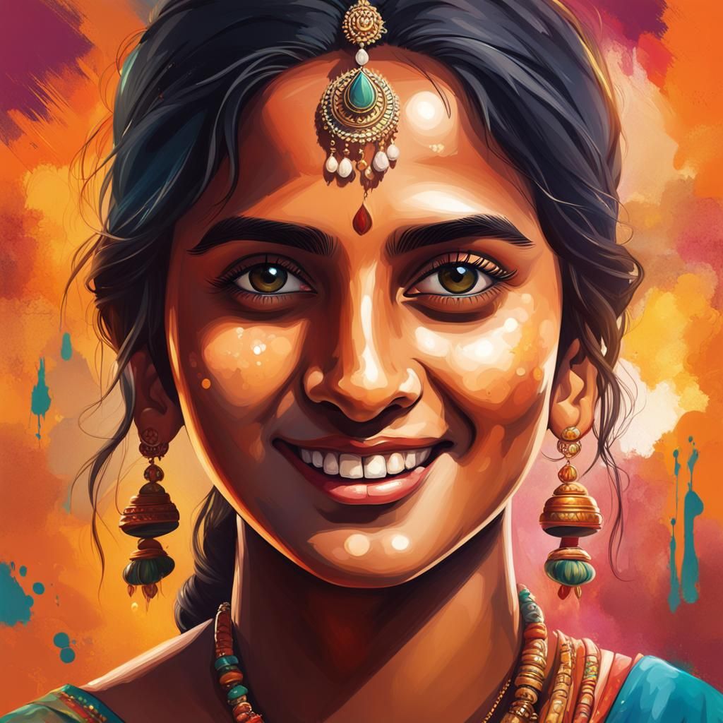 Beautiful Indian Woman with Colorful Splash Art Style