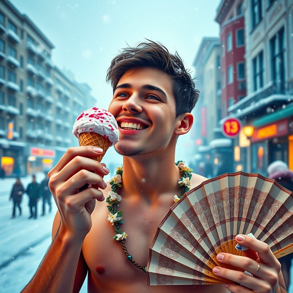 Vibrant Young Man Enjoys Ice Cream in Hyperrealistic Siberia...