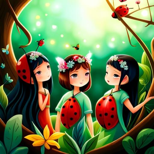 Chibi Ladybugs in Fairy Circle, Hyperdetailed Digital Art