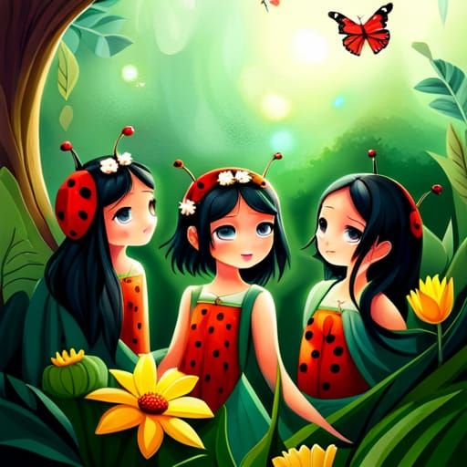 Chibi Ladybugs in Fairy Circle, Digital Art