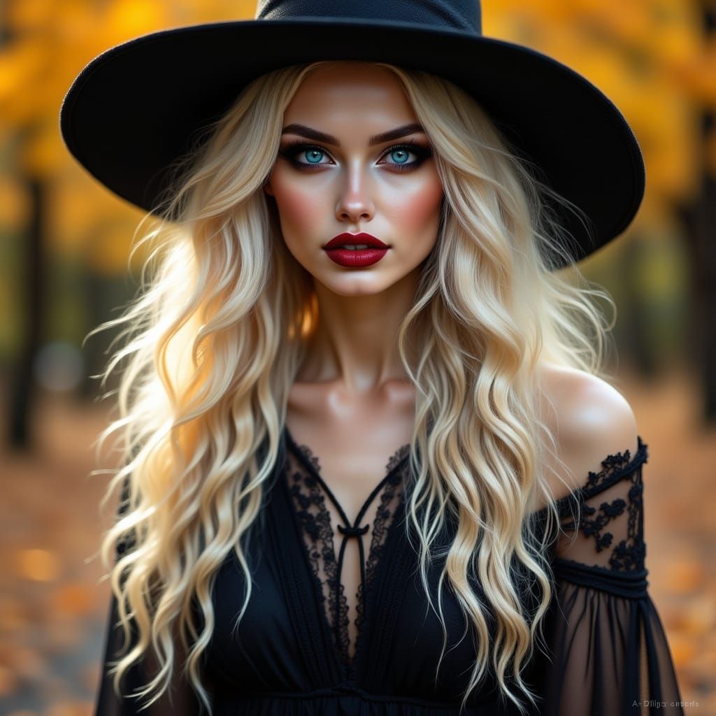 Blonde Witch in Autumn Landscape, Fashion Editorial Style