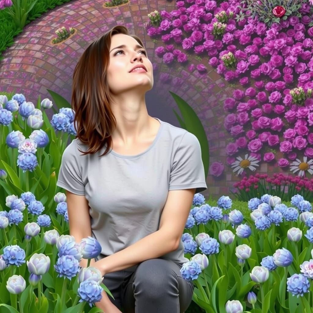 Woman Makes a Silly Face in Flower Garden