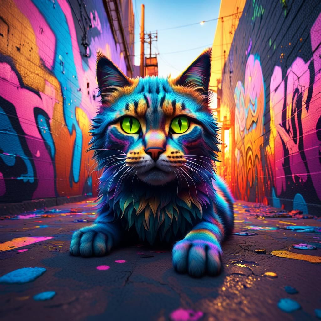 3D Cat Emerges from Graffiti Wall in Fantasy Art