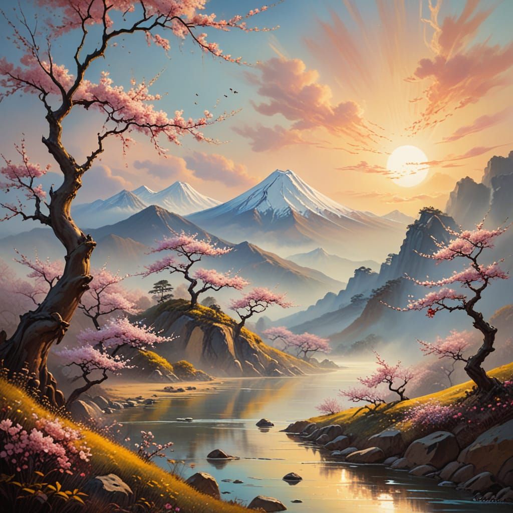 Surreal Japanese Landscape in Oil Painting Style