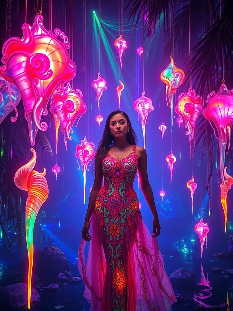Neon Woman in Bioluminescent Rainforest