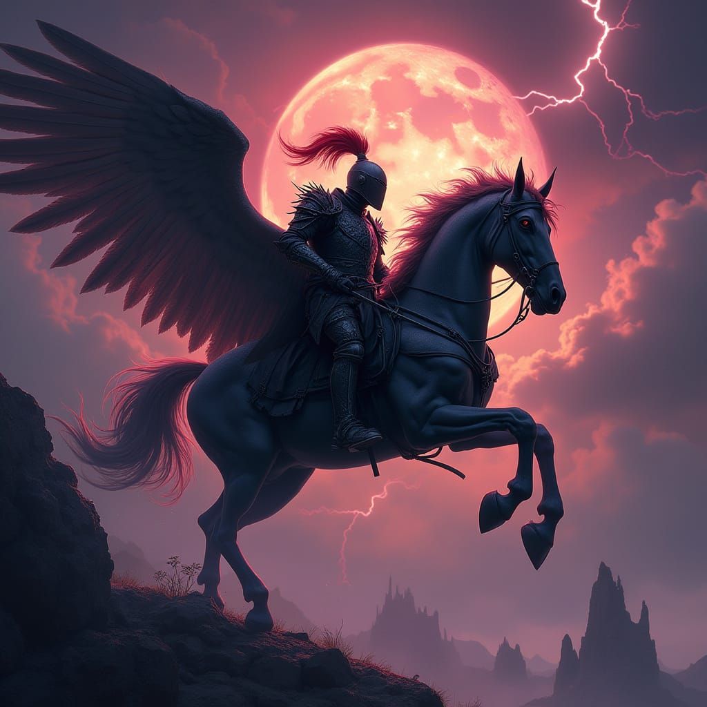 Dark Fantasy Knight Rides Pegasus Under Stormy Twilight Sky