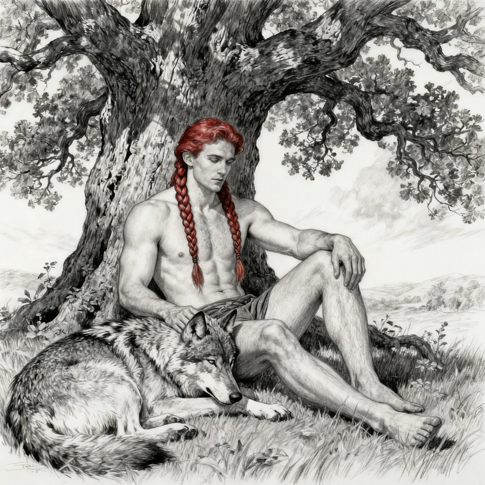 Pencil Drawing of Irish Man with Wolf Under Oak Tree