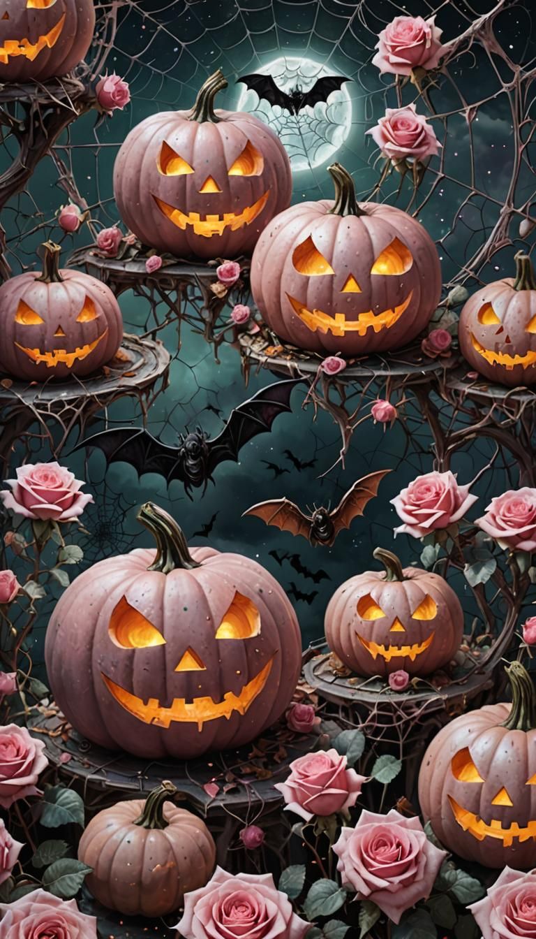 Halloween Pumpkins with Roses in Cosmic Holographic Illustra...
