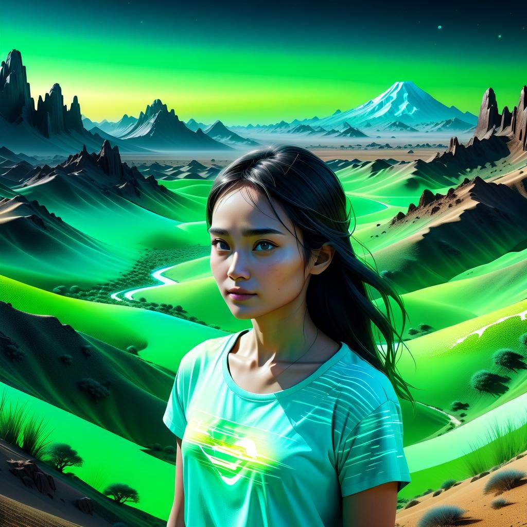 Phosphorescent Woman Overlaying Hyperrealistic 3D Landscape