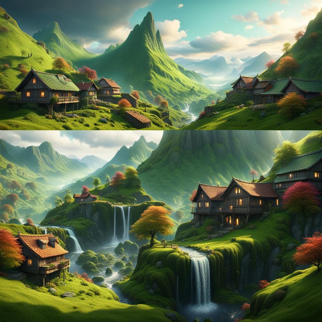 Green Mountains Fantasy Landscape in Matte Painting Style