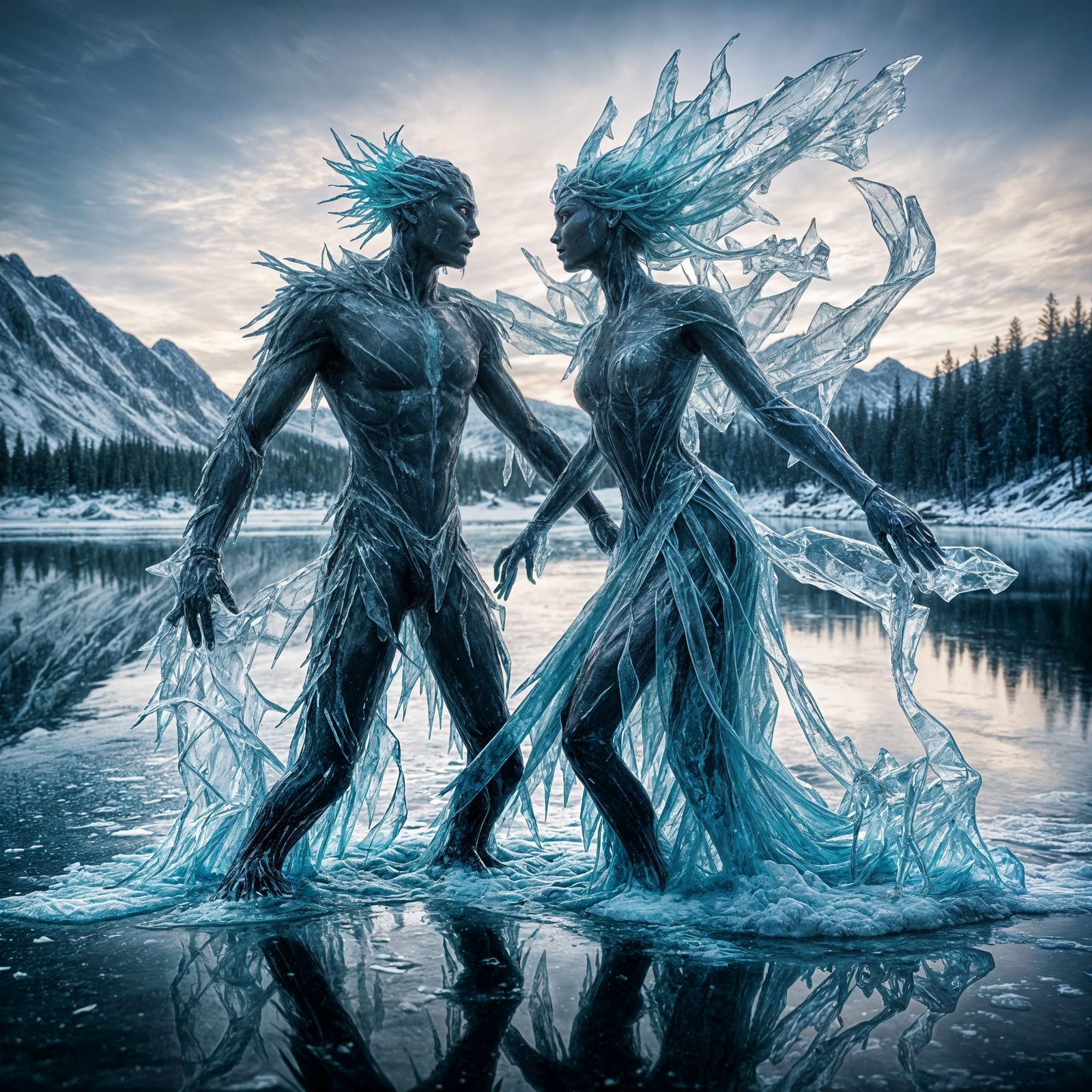 Vibrant image of Humanoid Ice Elemental Couple Dancing in th...