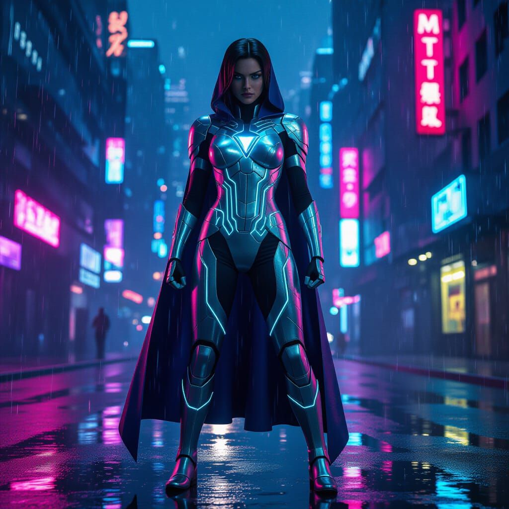 Cyberpunk Superhero "M" in Neon City