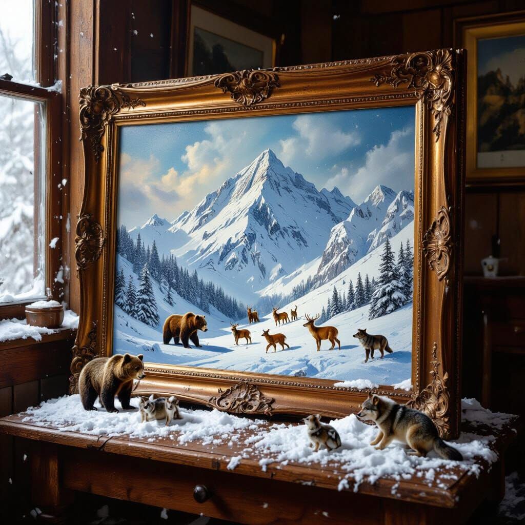 Oil Painting of Mountain Avalanche Escaping Canvas