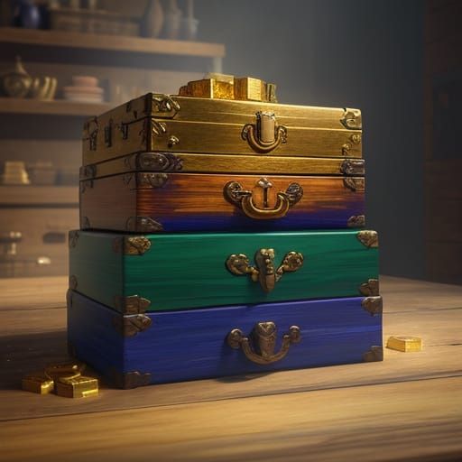 Hyperrealistic Treasure Chest Stack: Vibrant Oil Painting