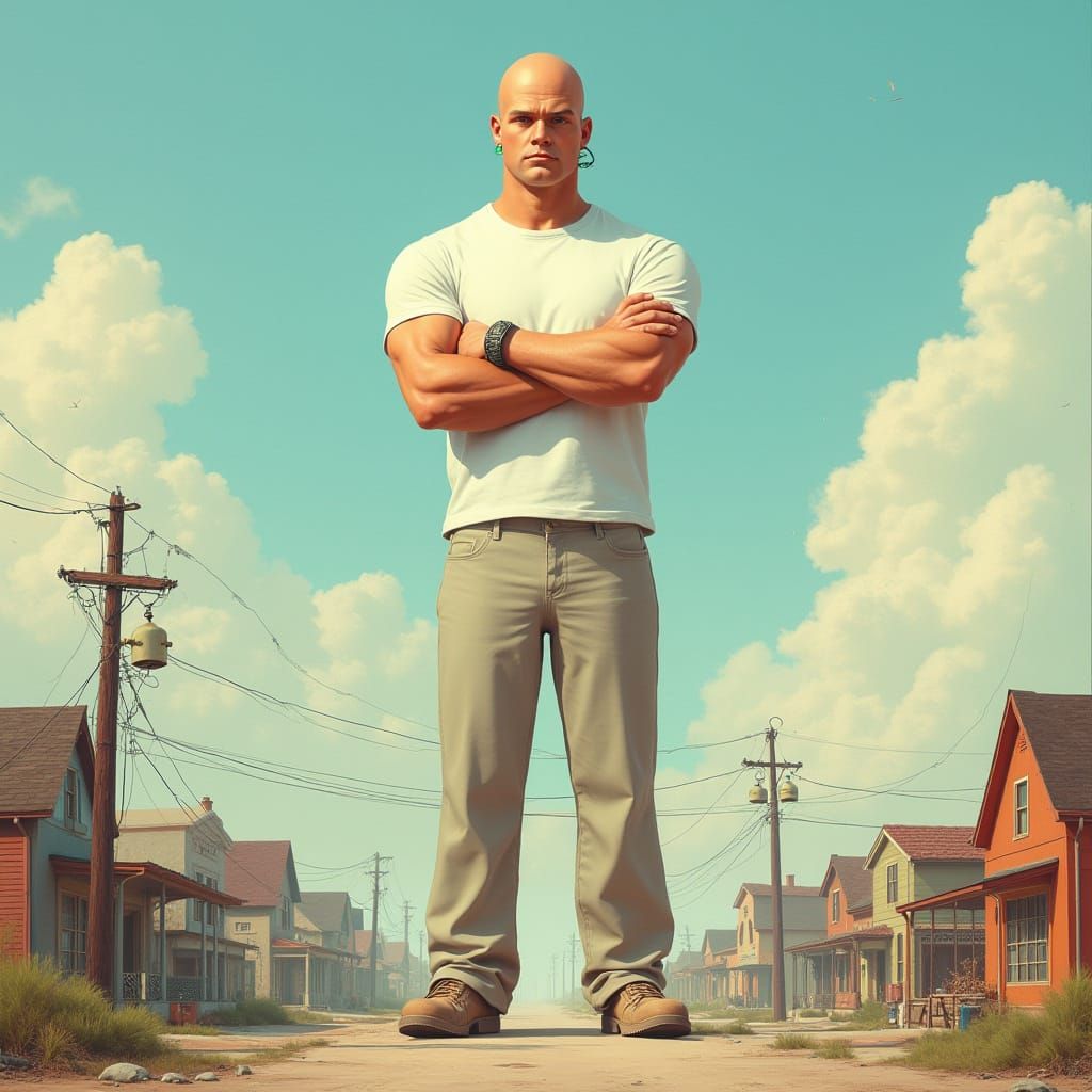 Giant Mr. Clean Dominates Town, Retro-Futuristic Style