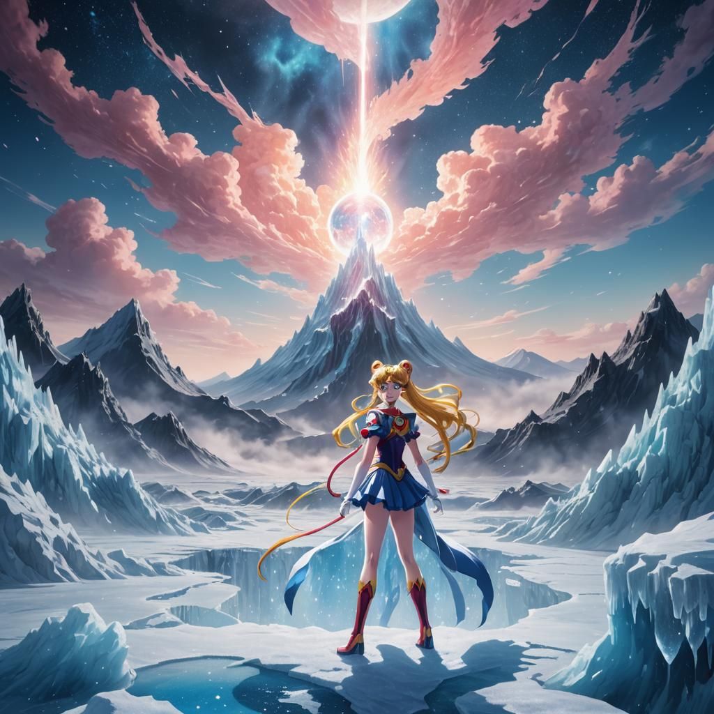 Sailor Moon on Icy Moon with Cryovolcano in Anime Style