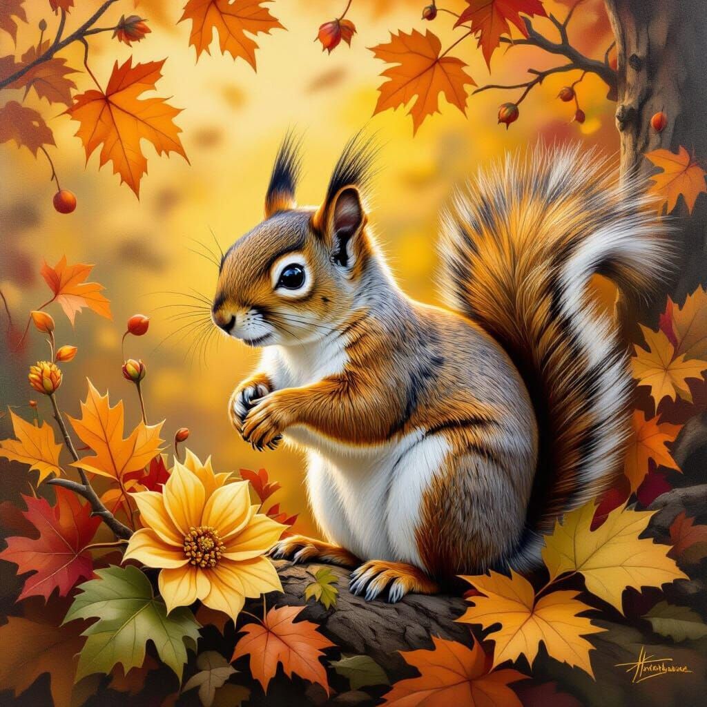 Elegant Squirrel Amidst Autumn Leaves in Metallic Hues
