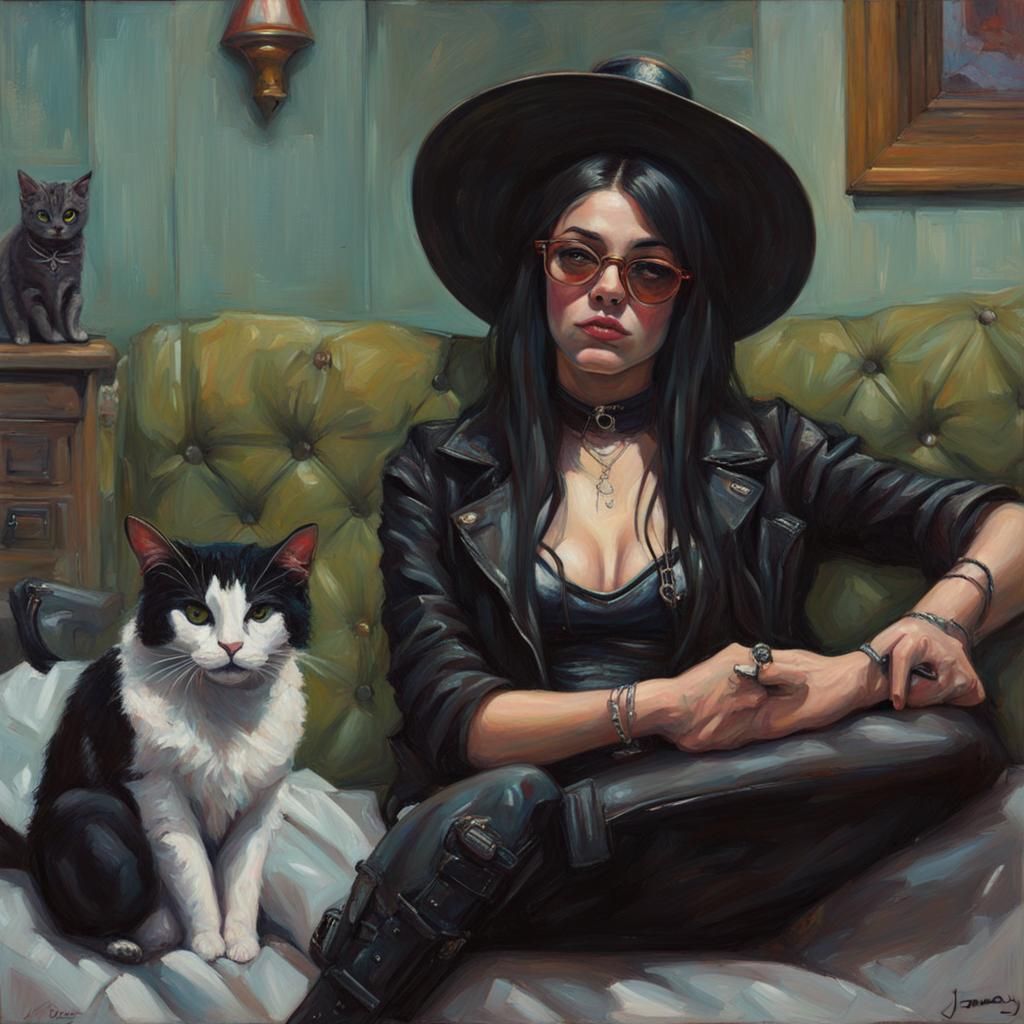 Goth Woman with Cat Friend: Oil Painting