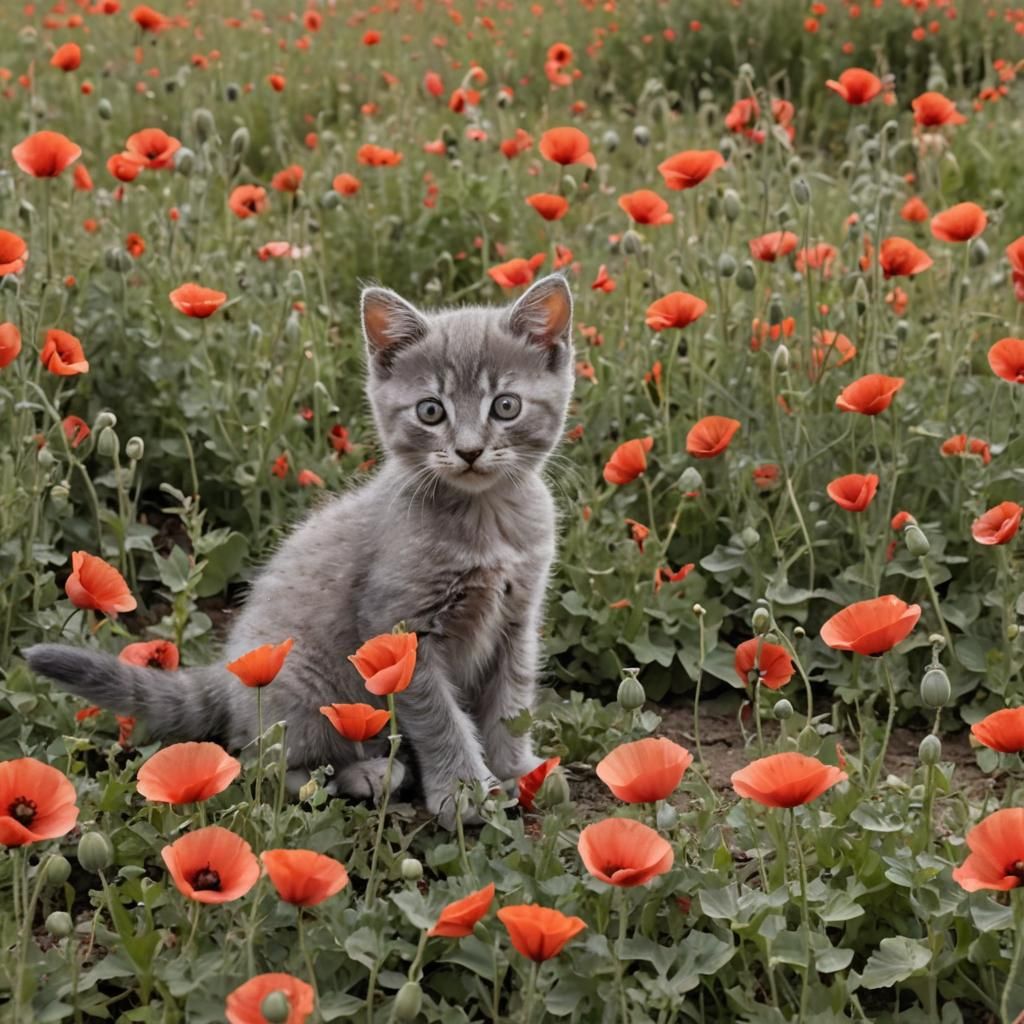 Grey Kitten in Poppy Field