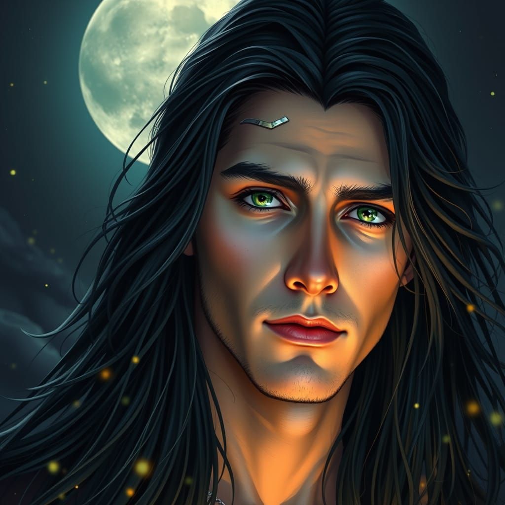 Handsome Man Portrait Under Moonlight, Detailed Matte Painti...
