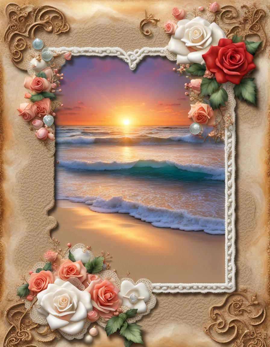 Vintage Sunset Beach Scrapbook Page with Hearts