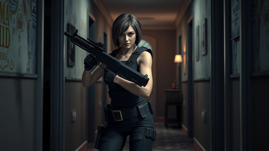 Heroic Jill Valentine Investigates Dark Residential Hallway...