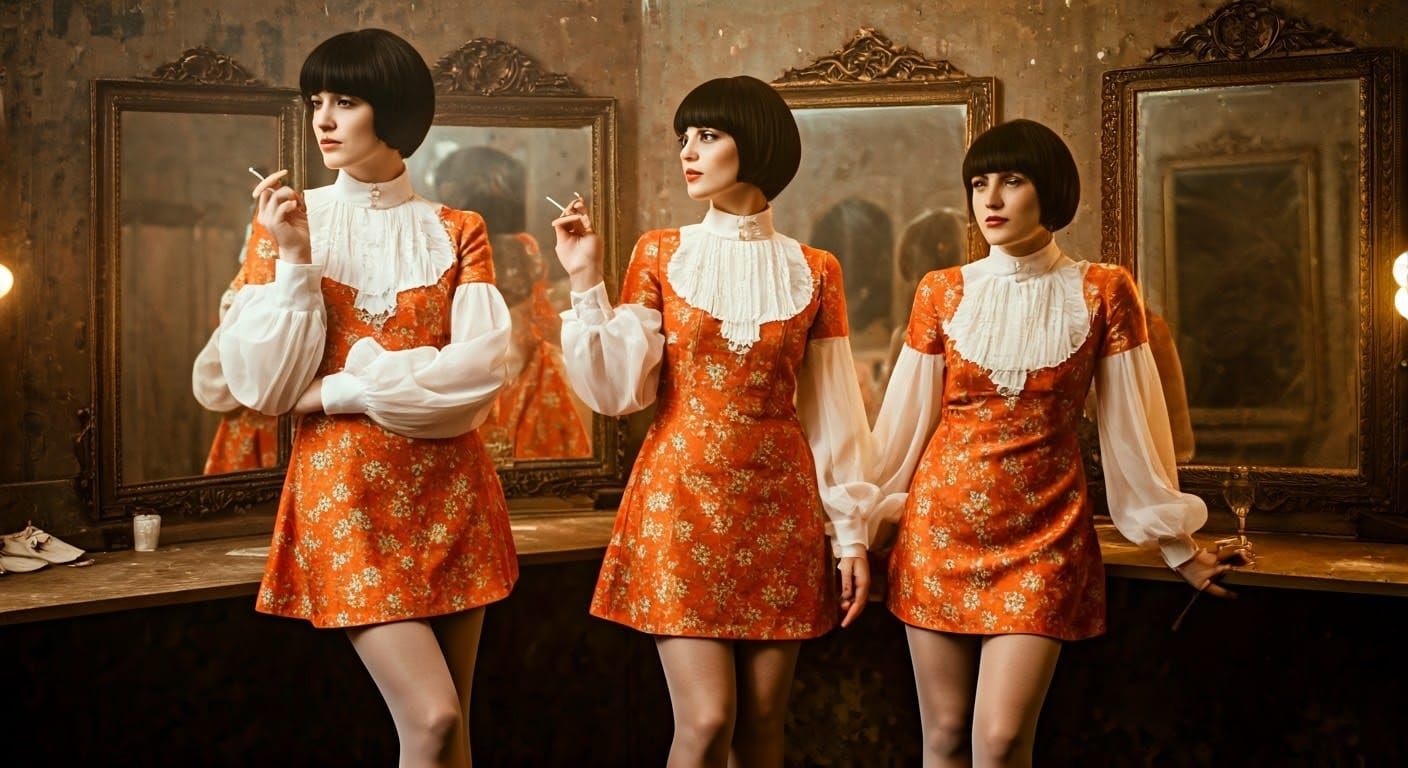 Three Women in Vintage Glamour, Pixie Cuts, and Ornate Dress...