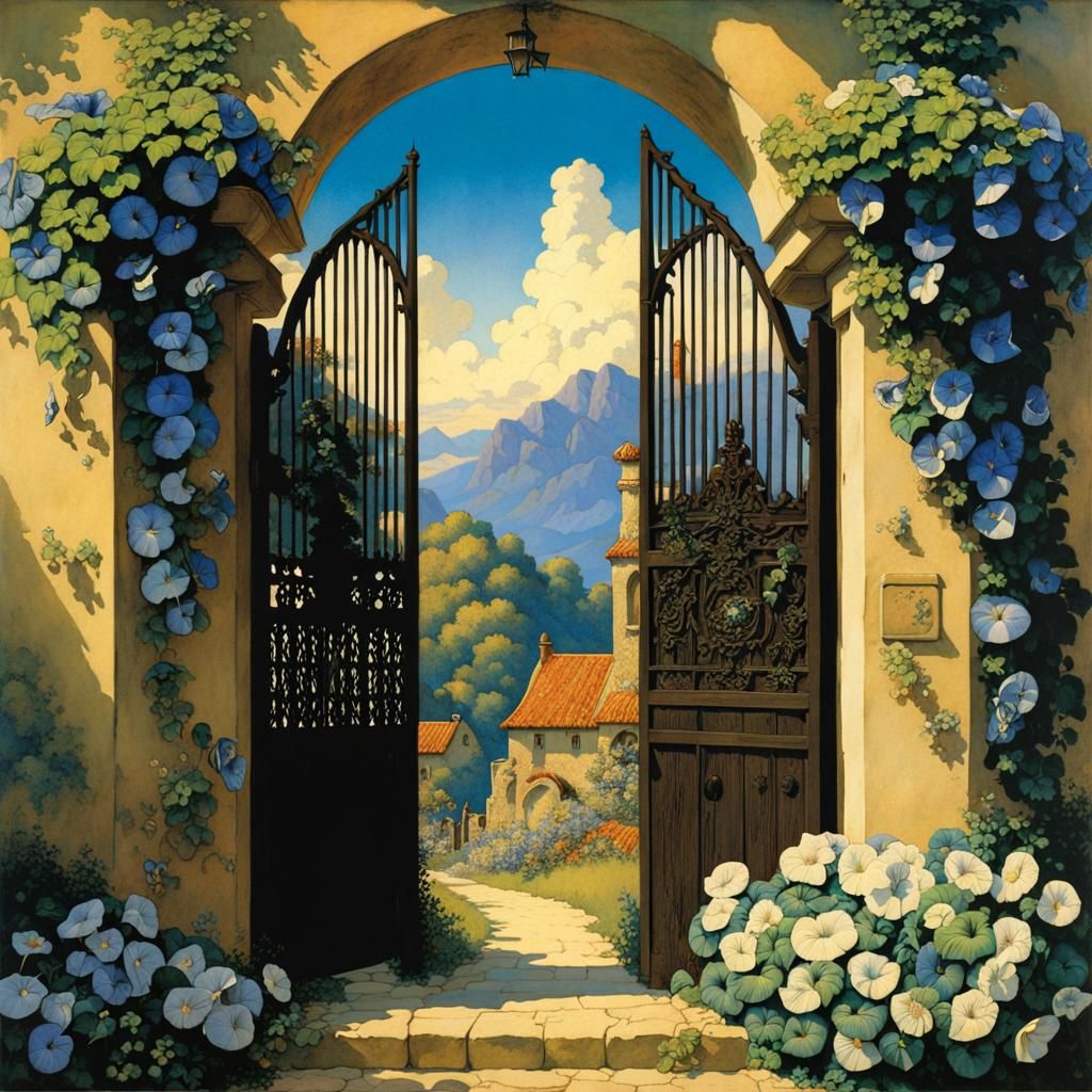 Medieval Gate with Morning Glories in Anime Style