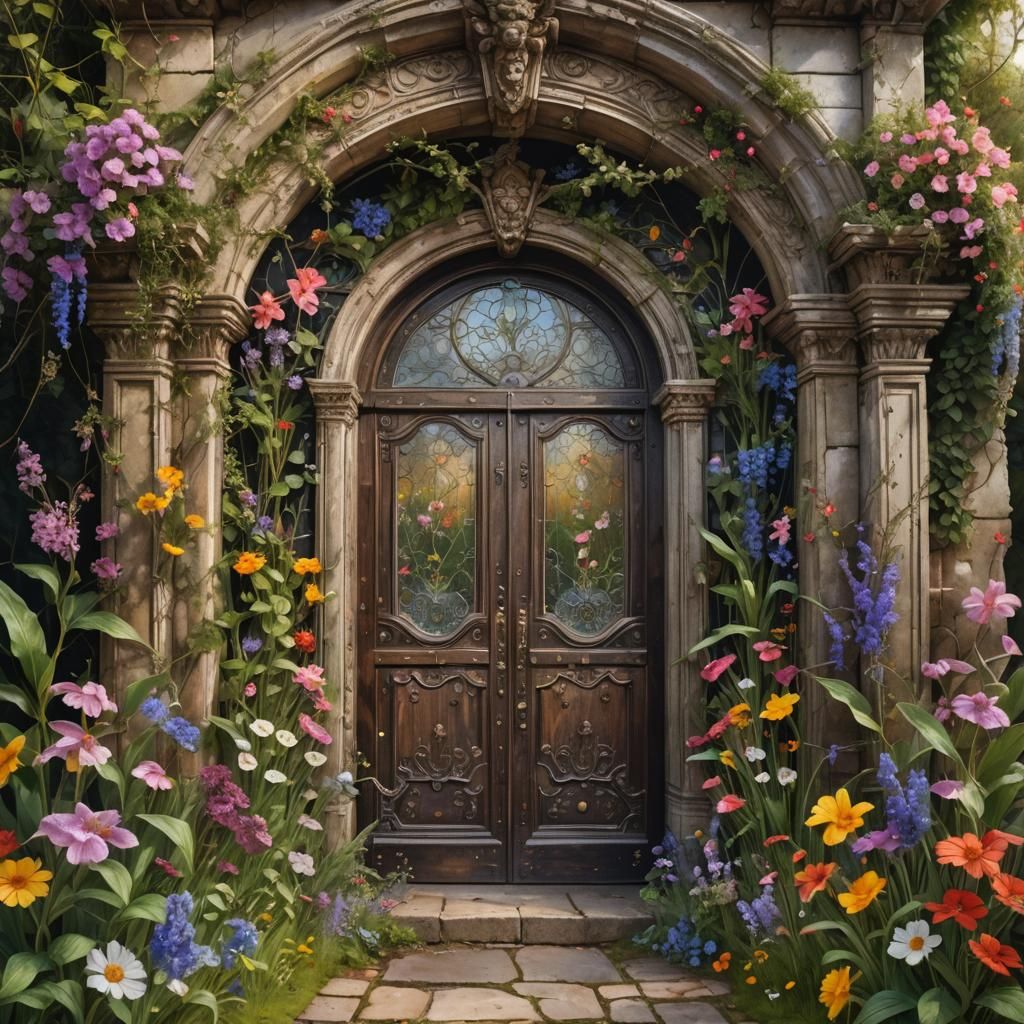 Ornate Door Opens to Wildflower Garden: Digital Matte Painti...