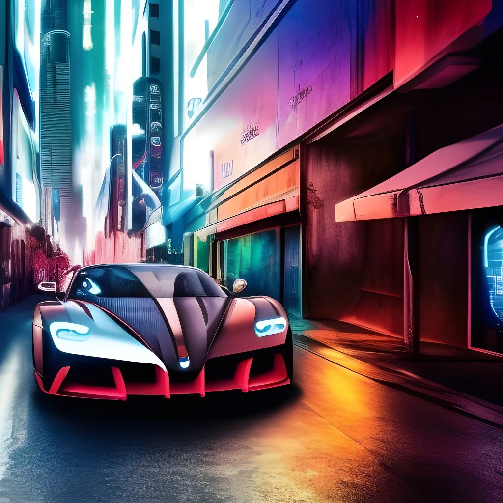 Bugatti Veyron in Cyberpunk Cityscape at Night
