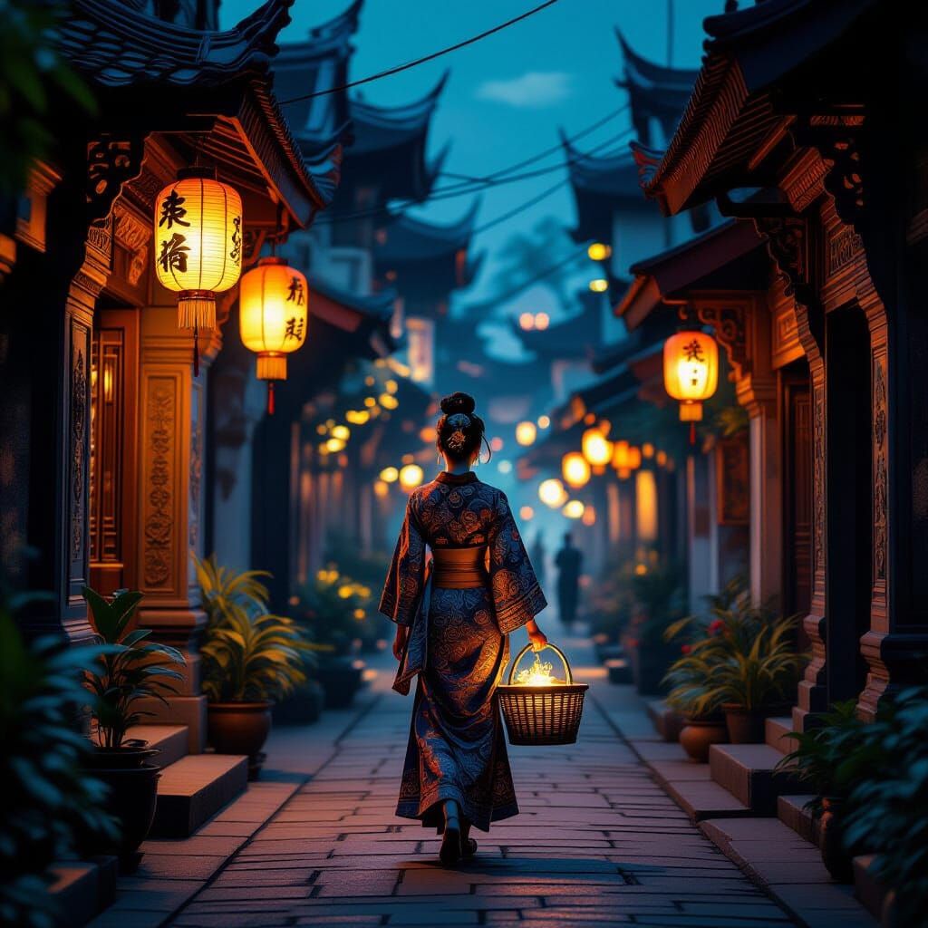 Mysterious Woman in Futuristic Thai Night Market