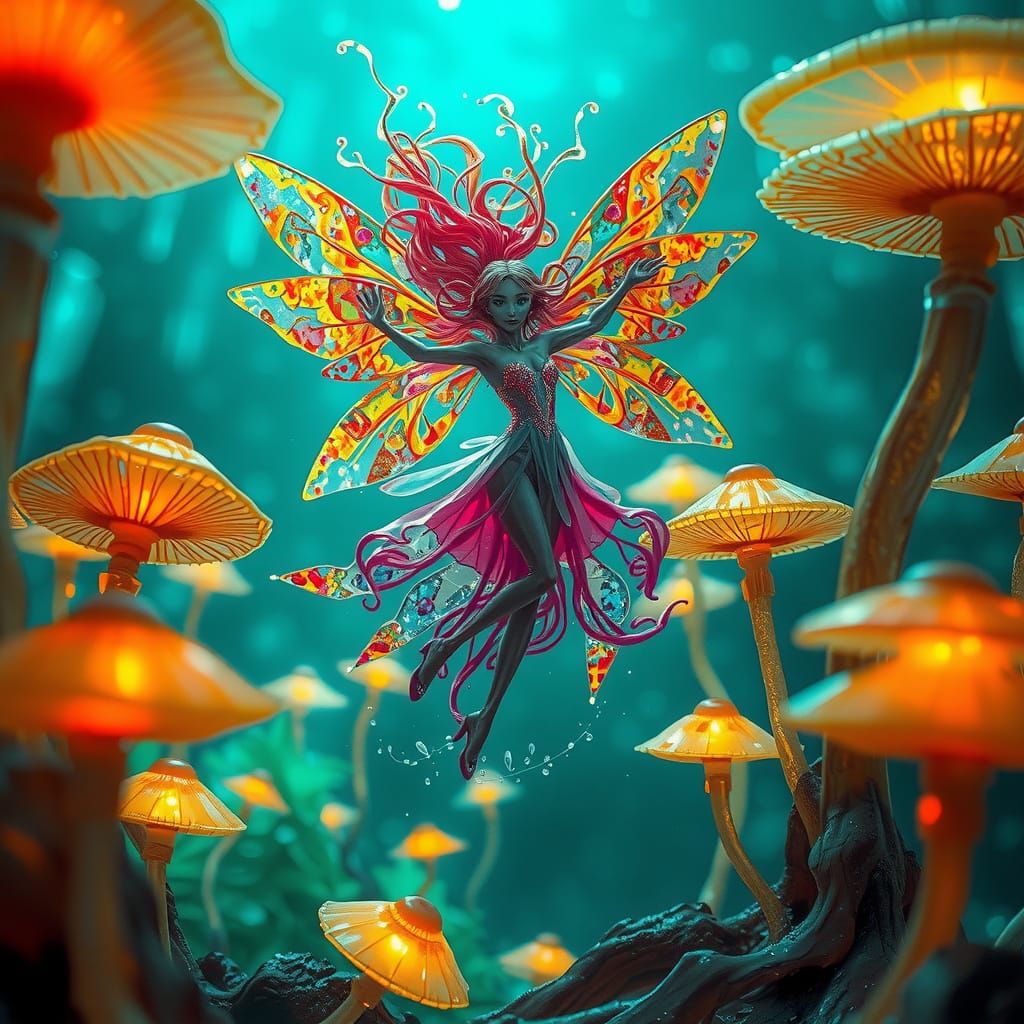 Glass Fairy Dancing in Phosphorescent Mushroom Forest