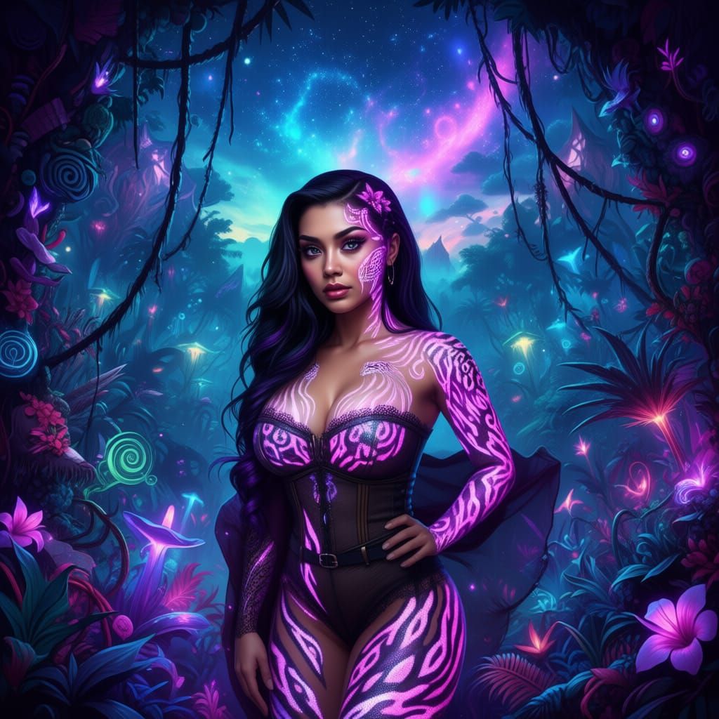 Goth Latina Female in Sequined Gown with Bioluminescent Tatt...