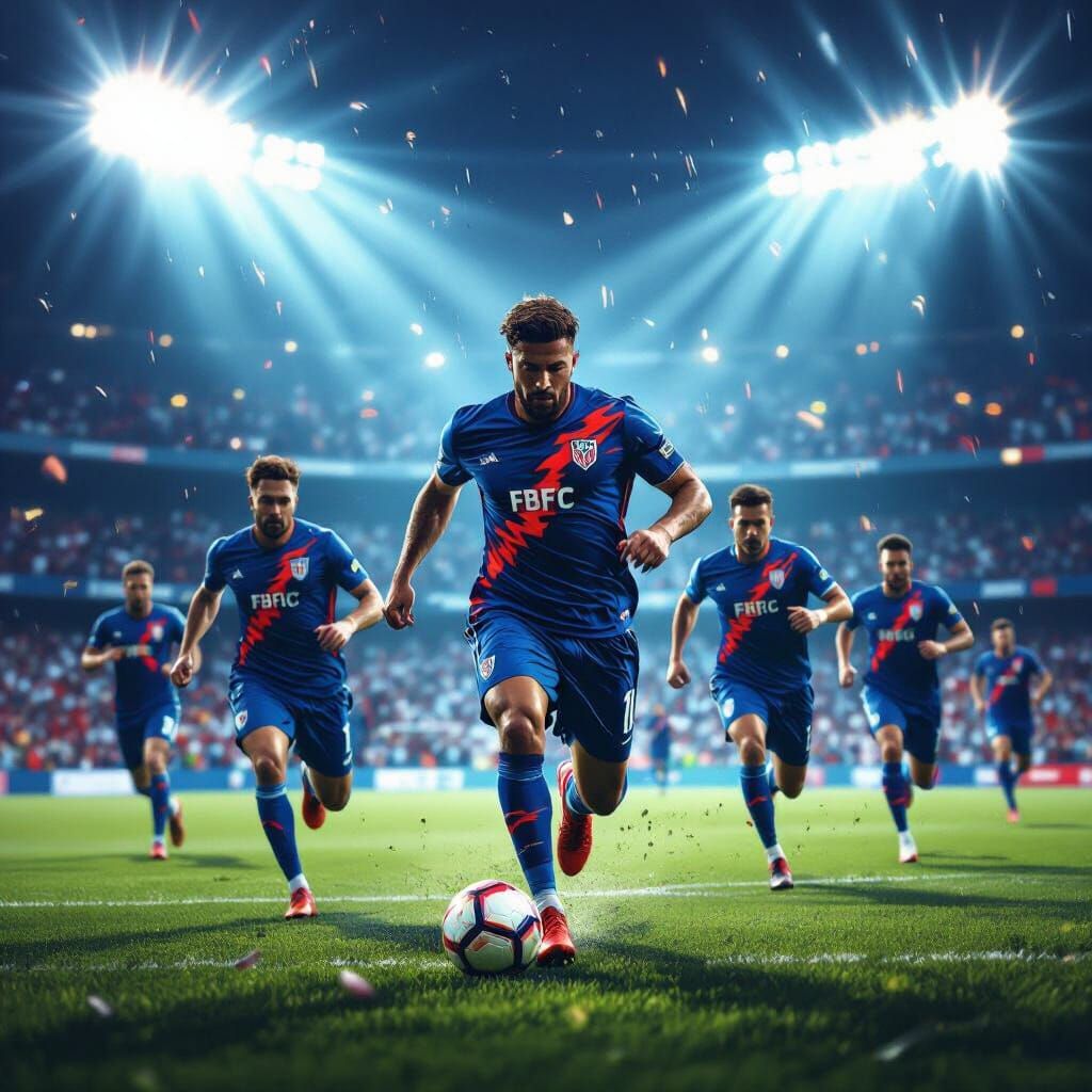 Football Players in Blue Kits with Red Lightning Designs in ...