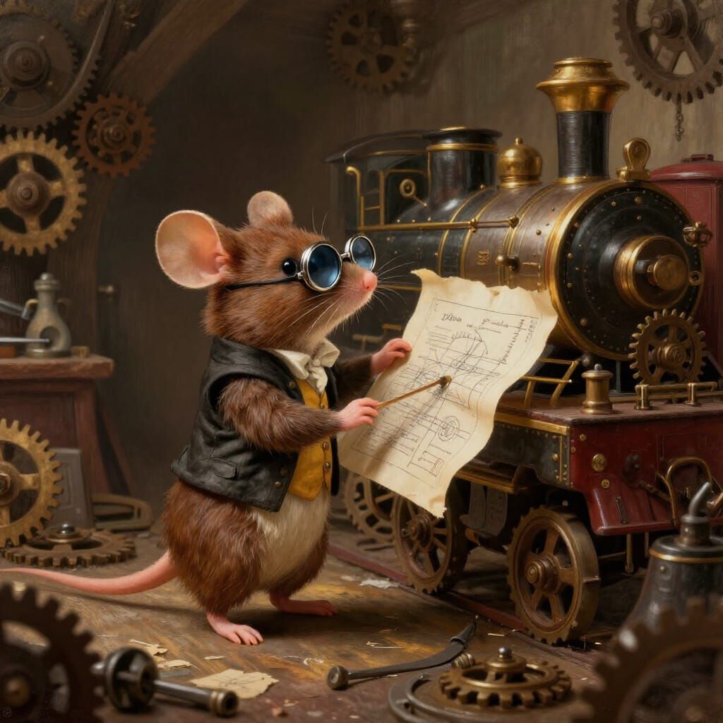 Dapper Mouse Inventor Examines Steam Train Blueprint in Work...