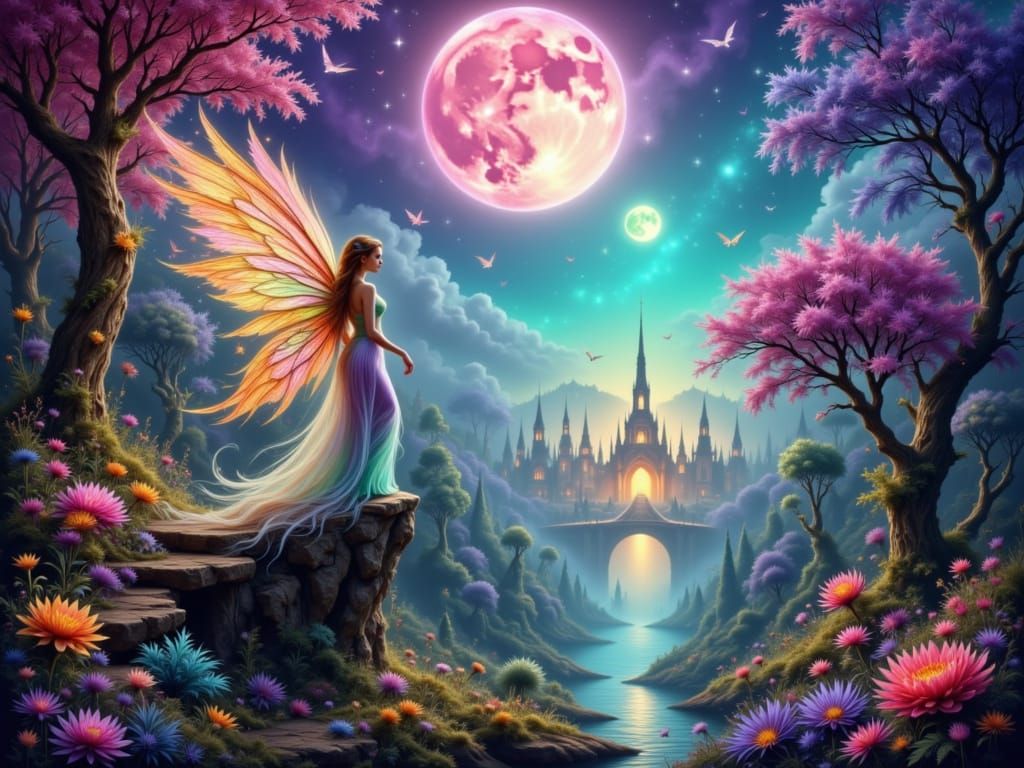 Magical Fairy on Cliff Overlooking Alien Forest