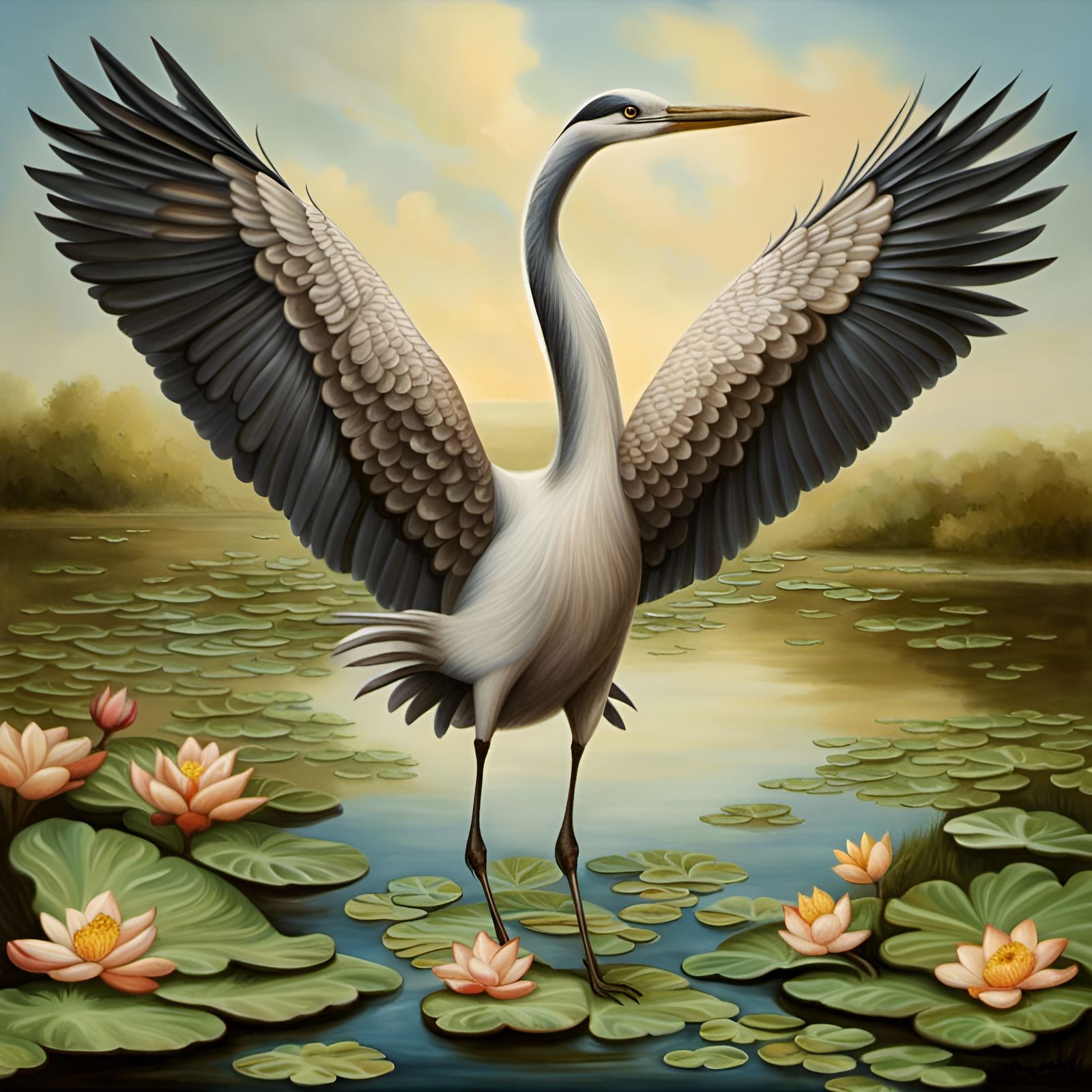 Heron in Lotus Pond: Allegorical Realism Bird Painting