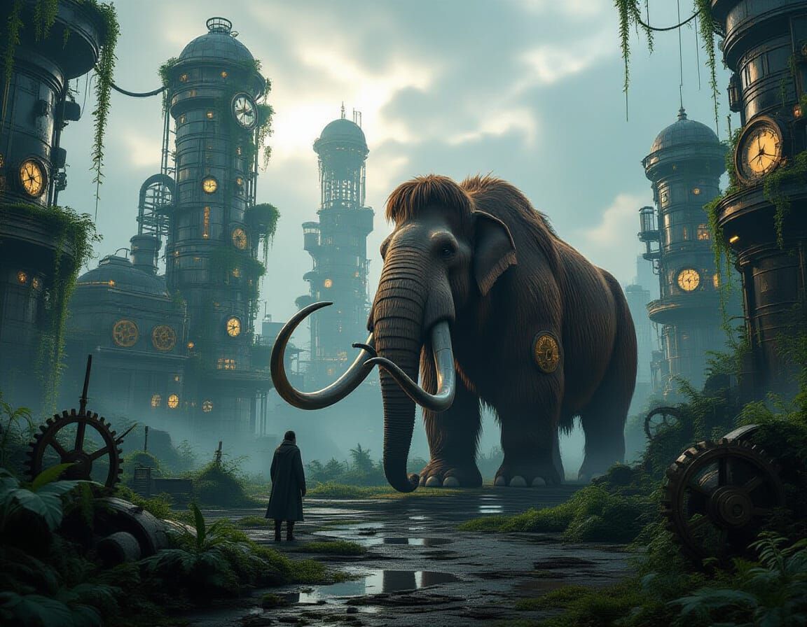 Steampunk City Reclaimed by Nature with Mammoth