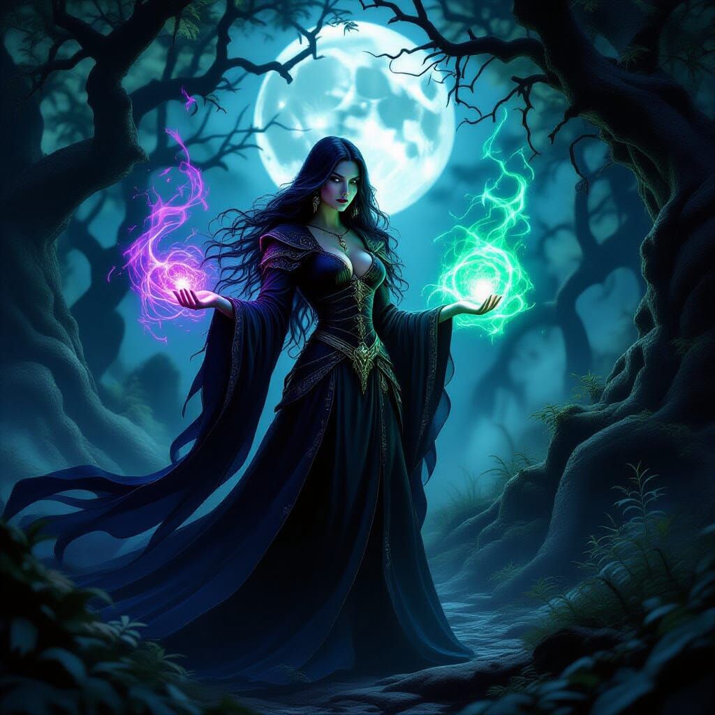 Morgan le Fay Sorceress in Moonlit Forest
