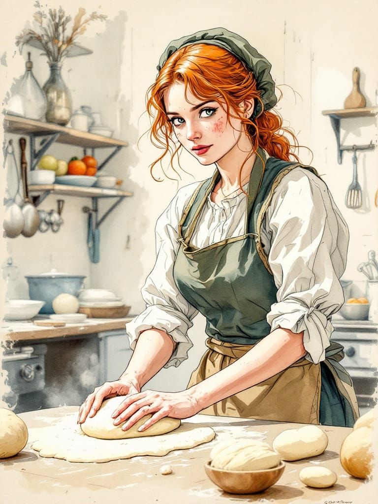 Redhead Baker Kneading Dough in Blueprint-Style Kitchen