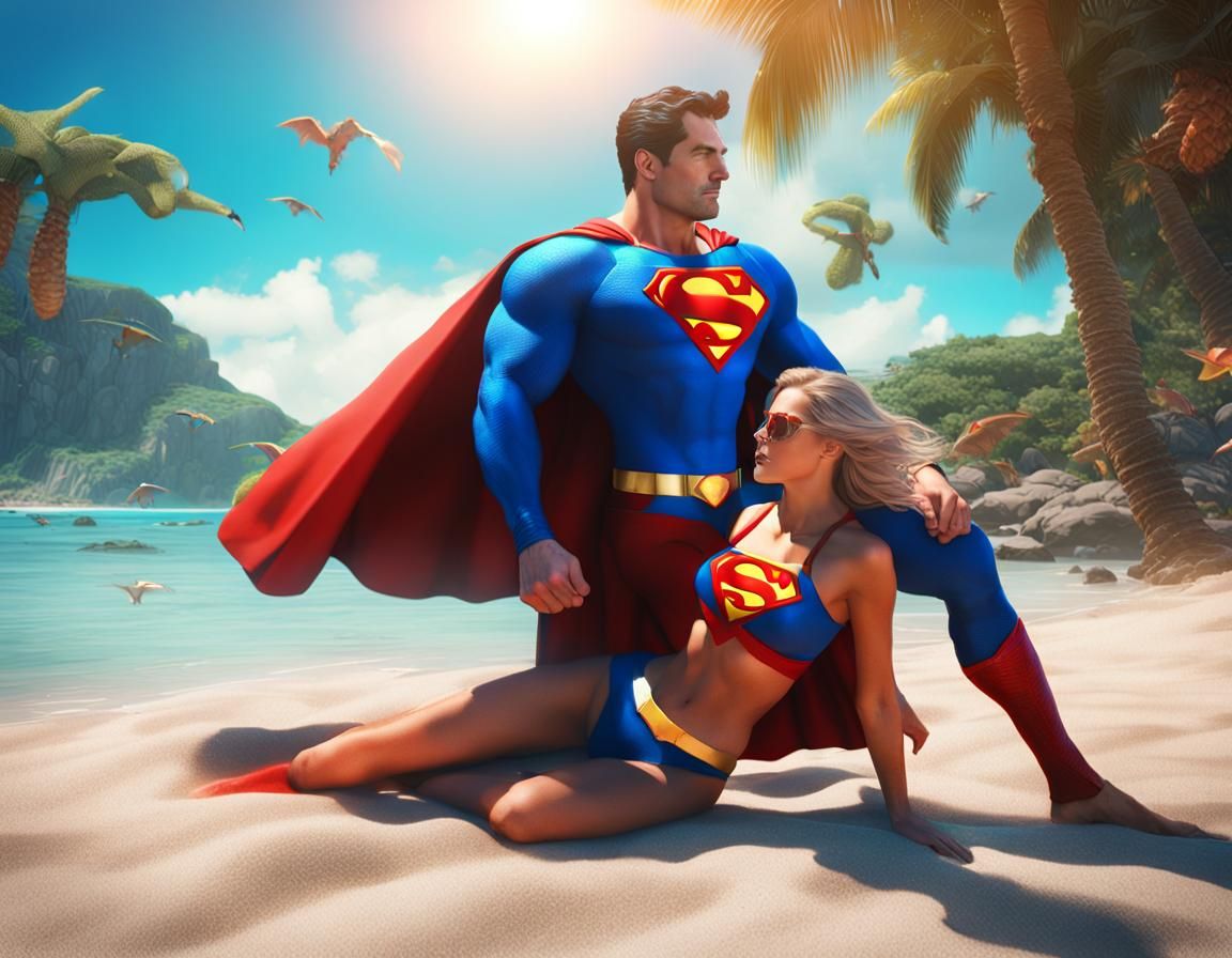 Superman and Super girl suntanning in a tropical beach. Supe...