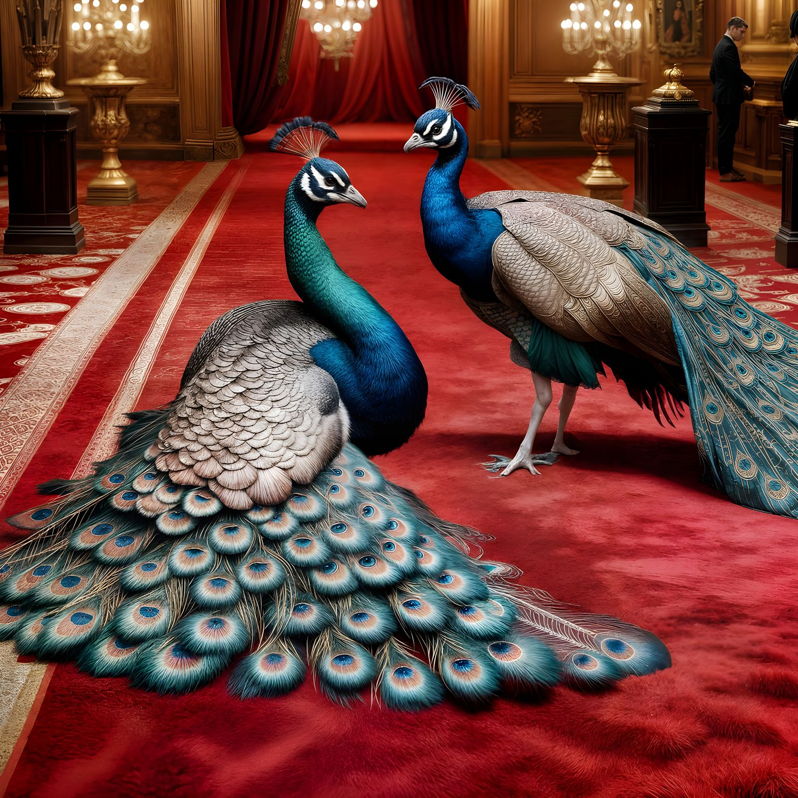 Majestic Peacocks Strut Across Red Carpet in Hyperrealistic ...