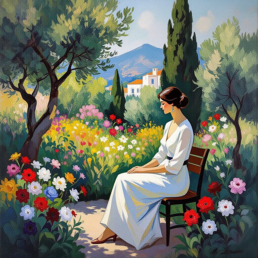 Serene Woman in Garden: Cycladic Art Style