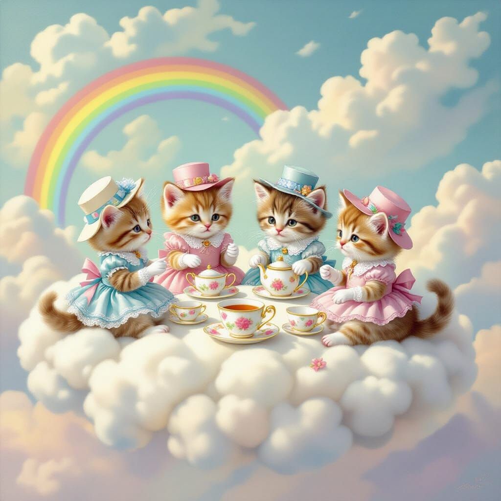 Kittens' Tea Party on a Cloud in Whimsical Style