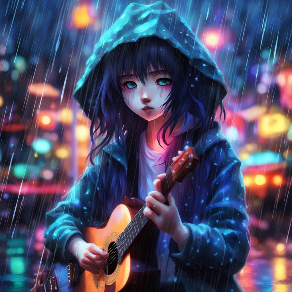 Emo Girl Plays Guitar in Rainy Anime Style