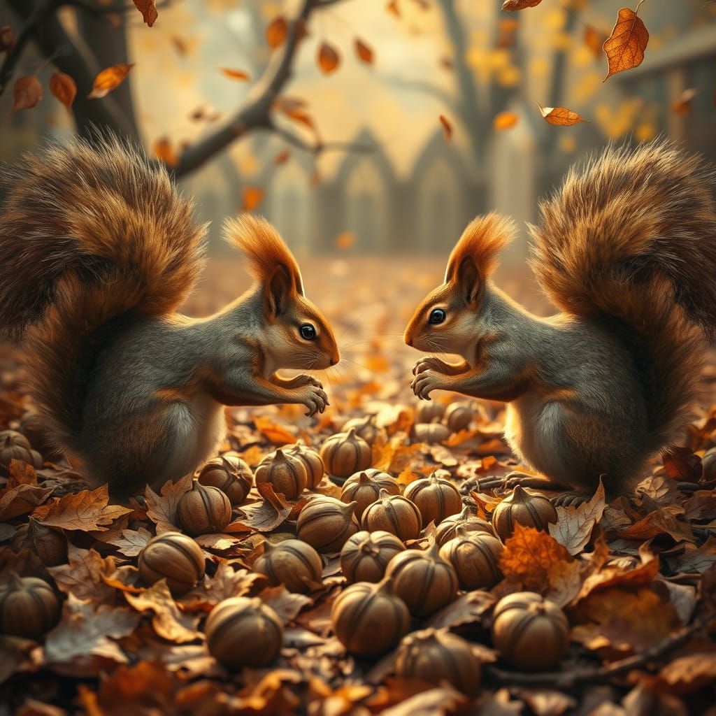 Squirrels Engage in Nutty Battle Amidst Golden Backyard